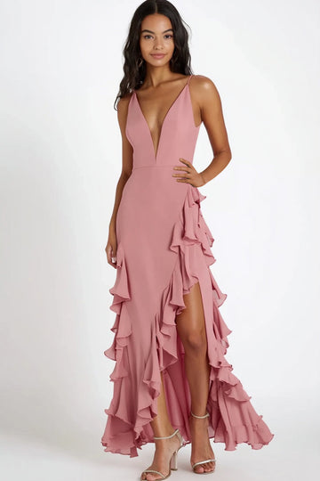 Pink Chiffon Spaghetti Straps Ruffles Long Formal Dress with Slit